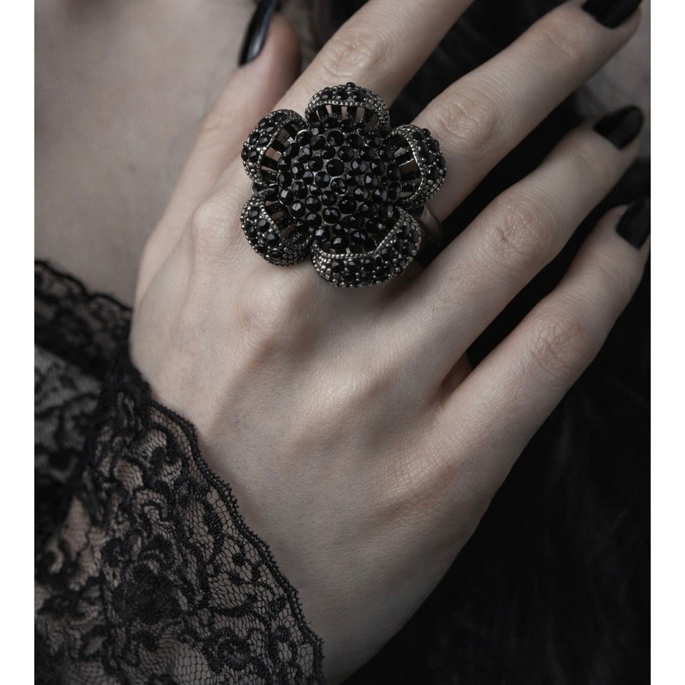 Black Rhinestone 3D Ring Flower Statement Cocktail Gothic Dark Romantic Dramatic